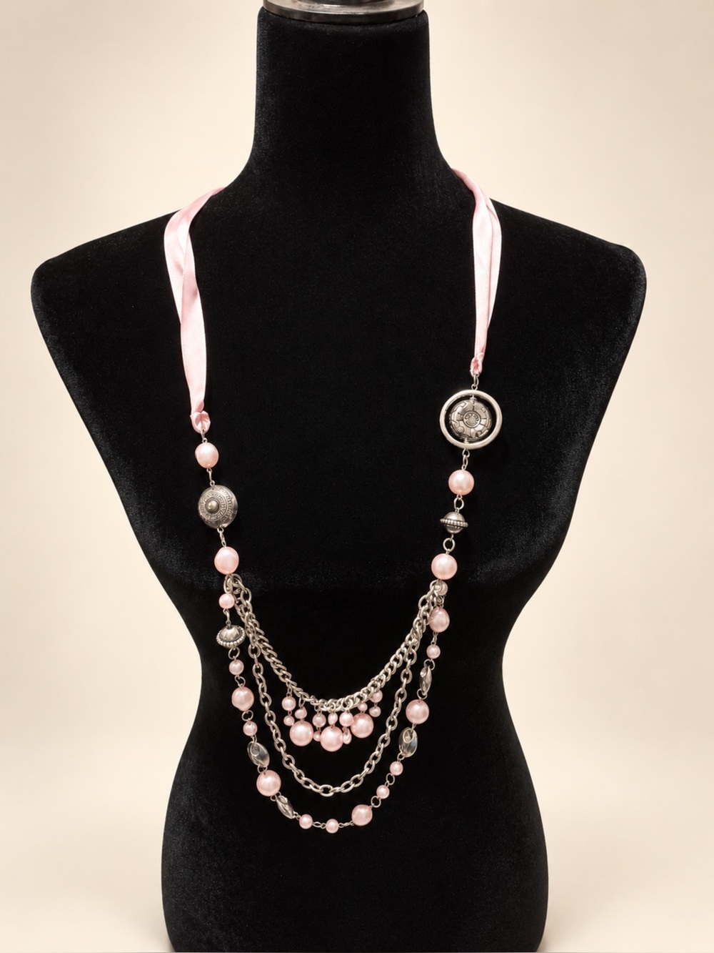 Pink Pearl Multi-Chain Necklace with Satin Ribbon